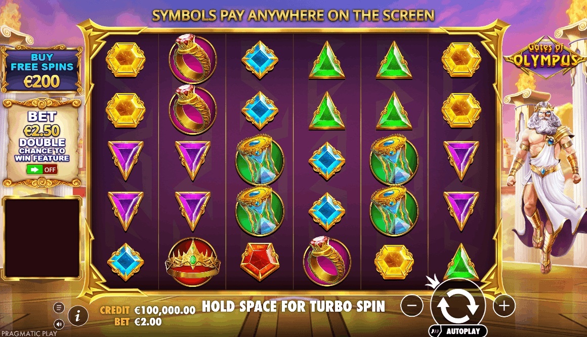 Gates of Olympus slot showing Zeus, jewel symbols, and free spins controls